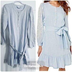 Cartolina Nantucket Elegant Embroidered Dress Preppy Feminine Linen Puff Sleeve